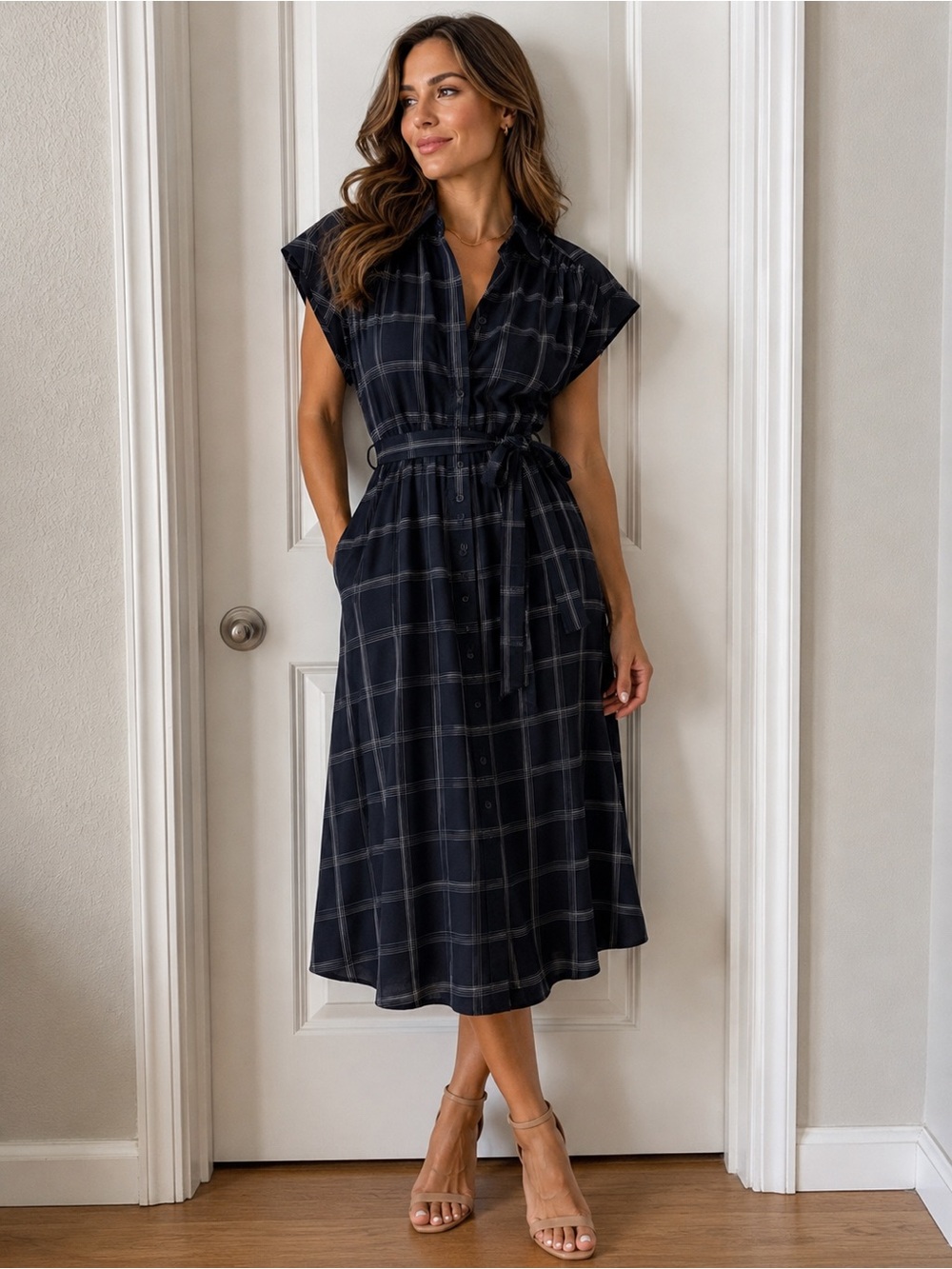 Calvin Klein Navy Plaid Midi Shirt Dress